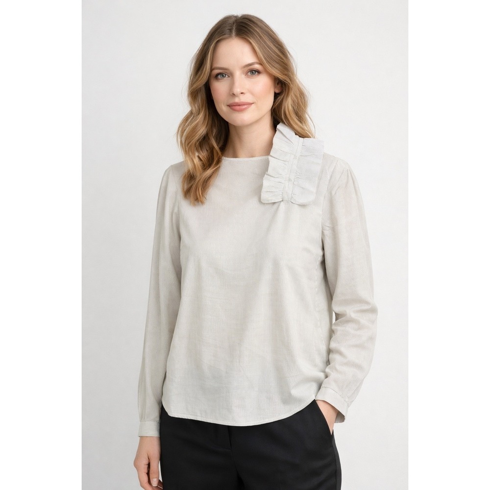 By Malene Birger Blouse Womens 34 XS White Micro Stripes Asymmetrical Ruffle Top